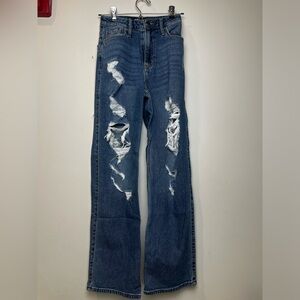 Hollister Women's Ripped Straight Jeans in Blue